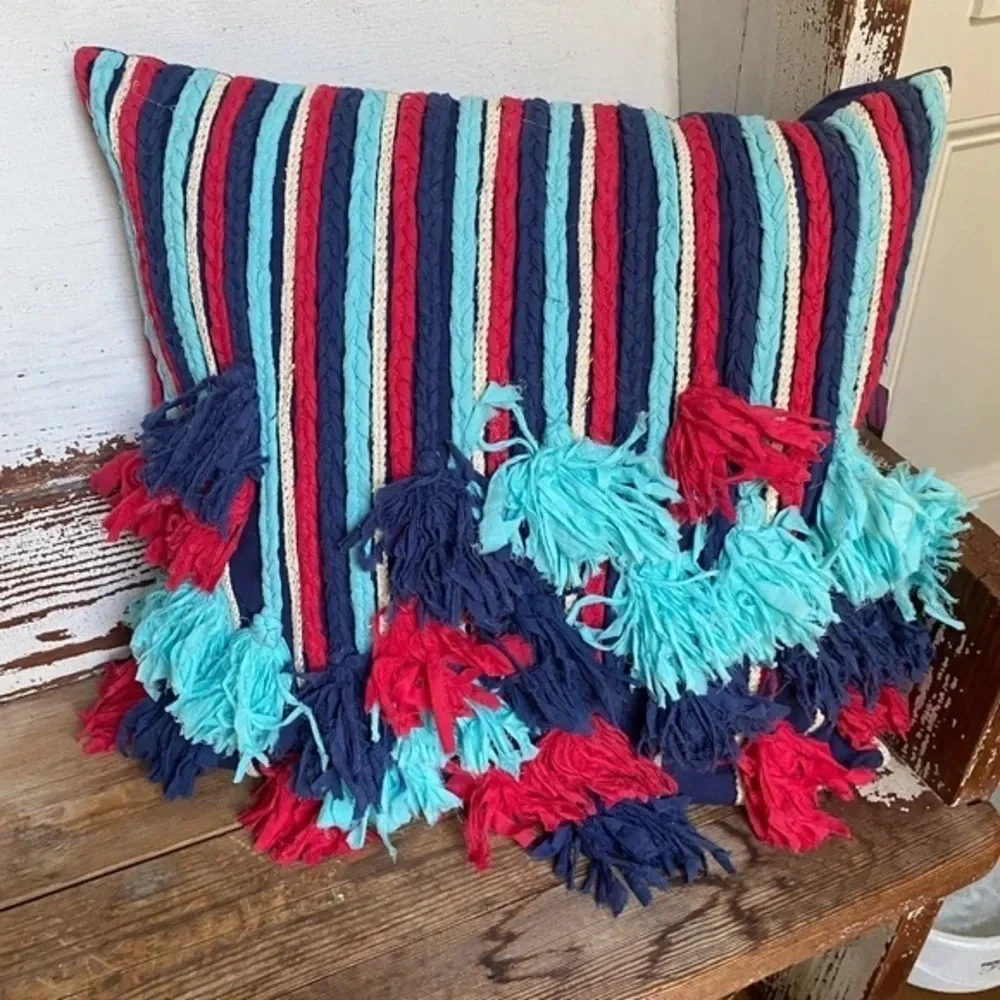 Red and Blue Tassel Striped Throw Pillow